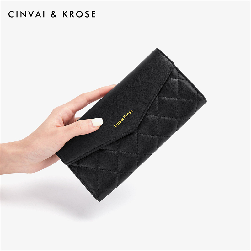 CinvaiKrose 钱包女长款牛皮零钱包女士新款手拿包钱夹子K6291·黑色-长款