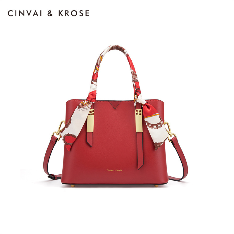 CinvaiKrose 女包牛皮包包潮斜挎包百搭结婚手提包包C6212·红色