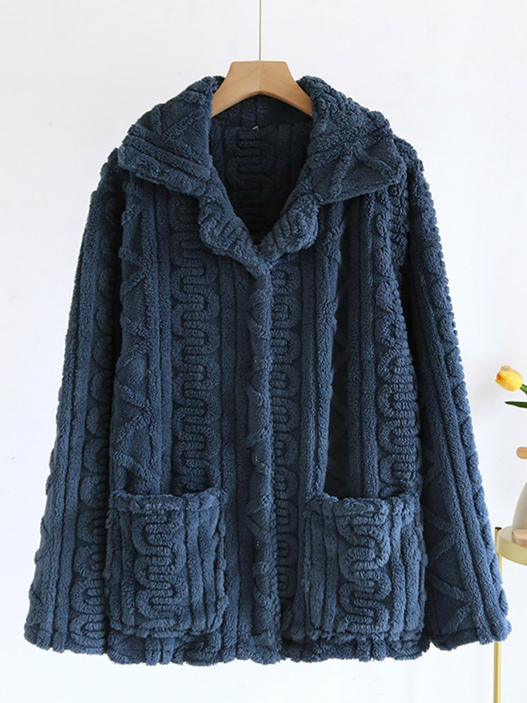 【清仓特价】男女款加厚法兰绒开扣口袋家居服·男青色