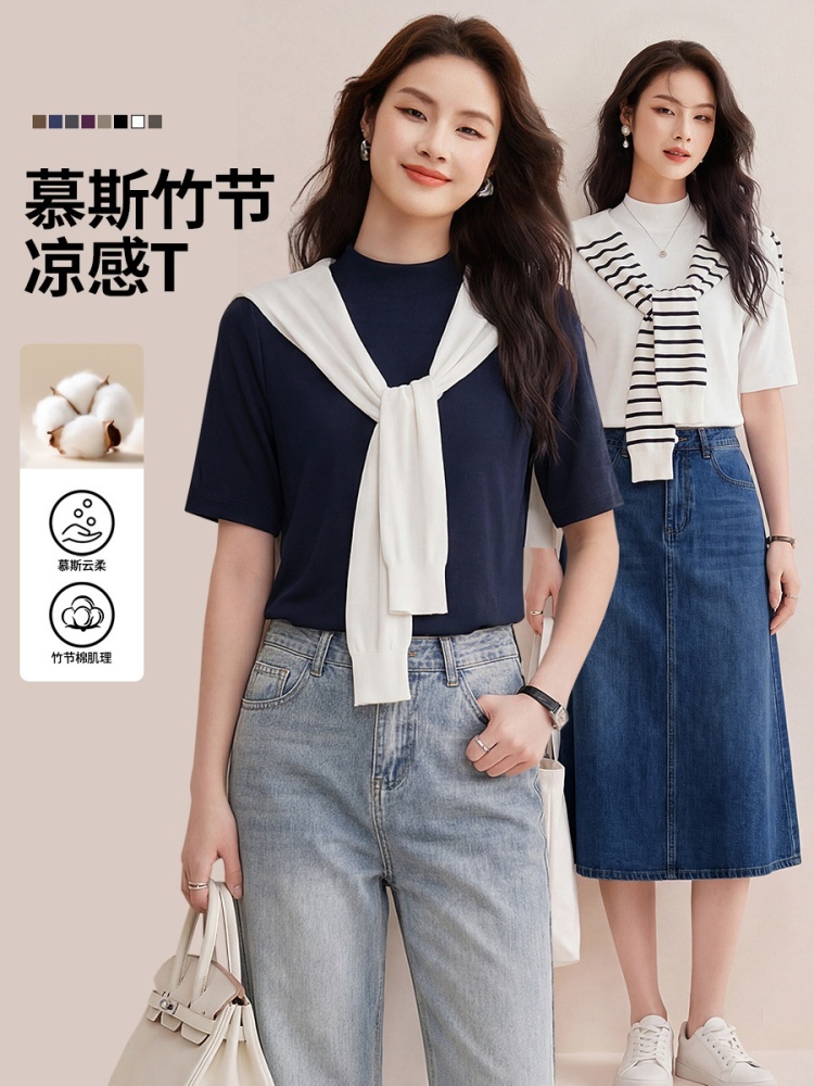 修娴小立领慕斯竹节棉肌理感中袖T恤W58·卡其