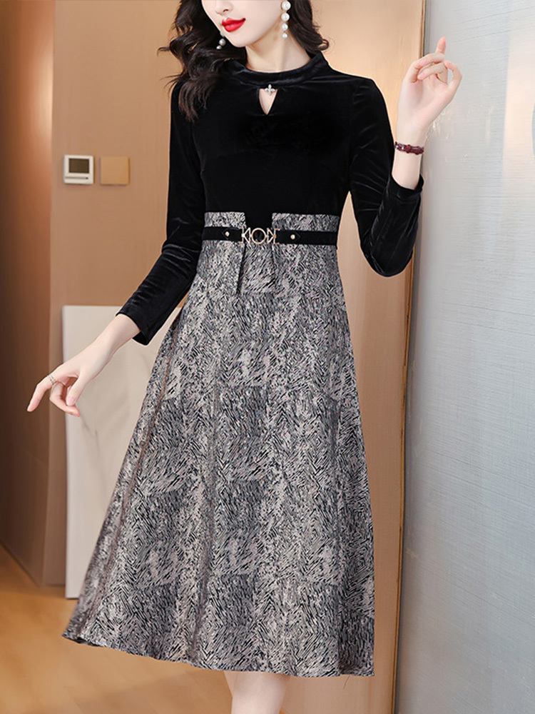 雀说复古提花拼接设计感金丝绒连衣裙新款气质优雅女神范裙子AL6123·灰色