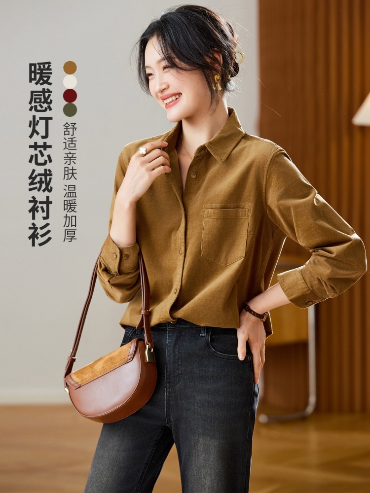 【加厚纯棉】可风各高级感灯芯绒衬衫510531·橘红色