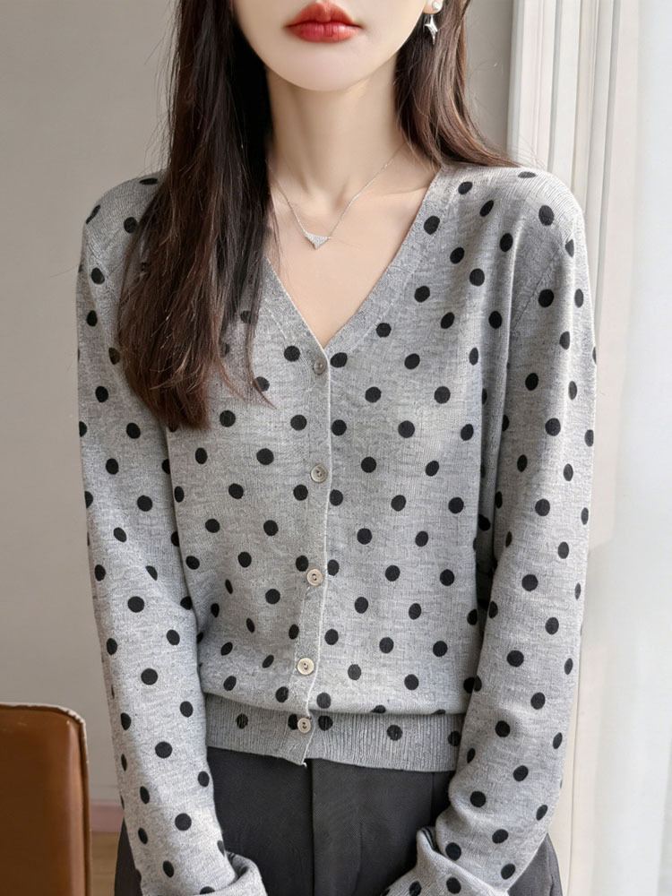 丁摩 无缝一线波点长袖针织开衫V领上衣NJR2-2192-48·灰色