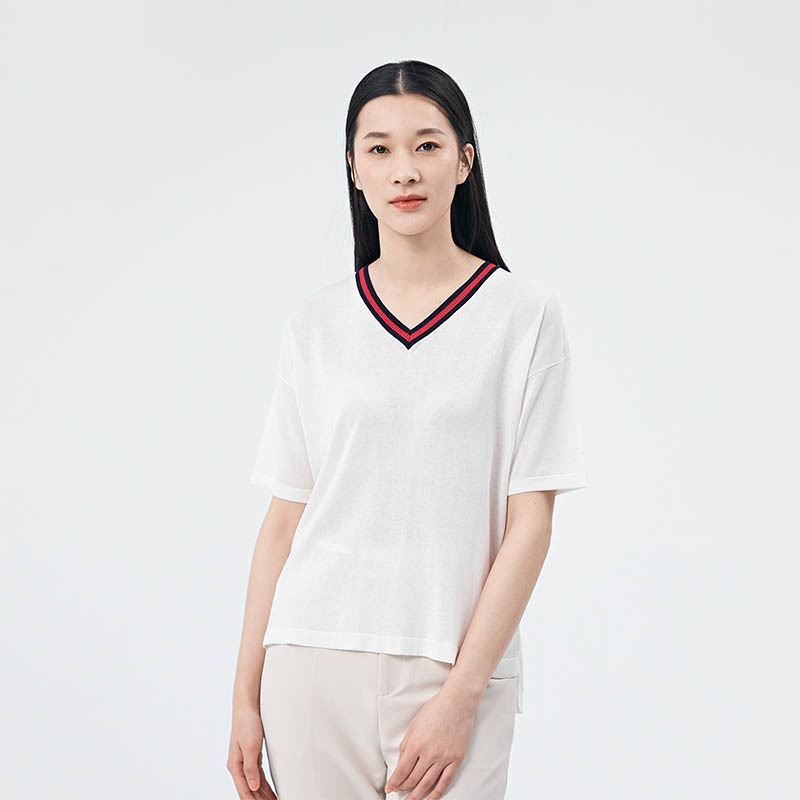 [PNN]女士针织短袖 V领针织Ｔ恤·白色
