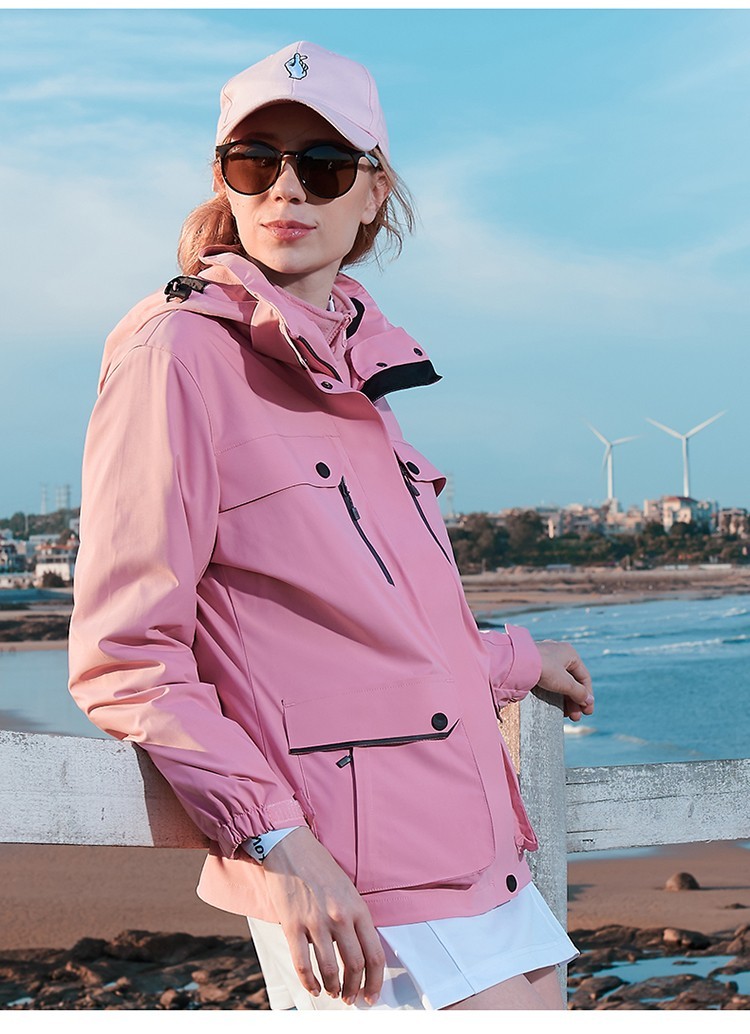 花雨优衣库制造商3层抓绒拆卸冲锋衣2件套粉红女