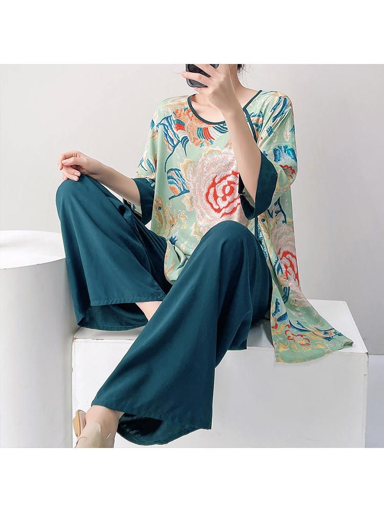 婵阅专柜高货改良汉服棉绸印花可外穿家居服宽松高级感套装·HX 2607-星野