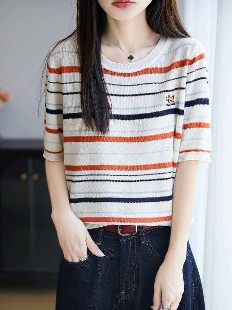 【100莱赛尔天丝】时尚条纹刺绣减龄显瘦百搭五分袖上衣·绿色