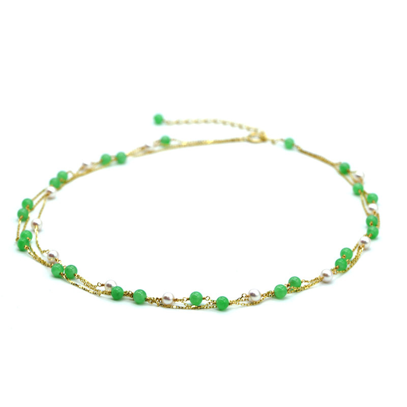 慕古 设计款日本精工皇室珠宝18k金镶满绿翡翠圆珠3链项链·18K金/翡翠