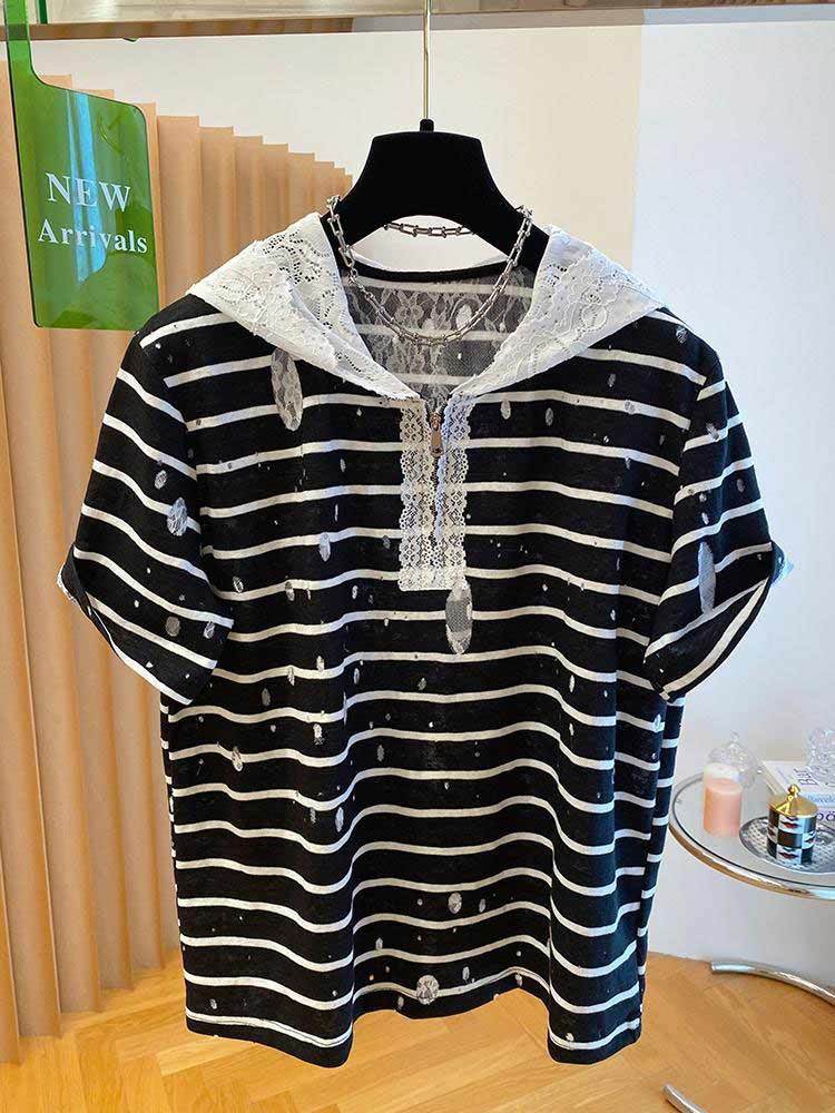 婵阅专柜高货连帽条纹宽松半拉链蕾丝拼接上衣·22890-黑条