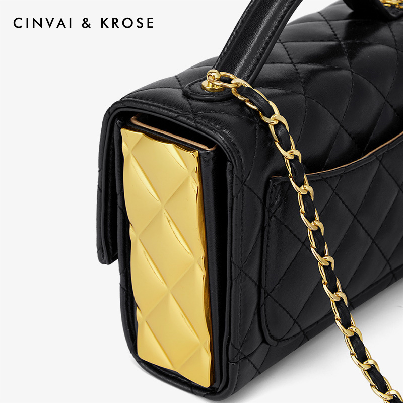 CinvaiKrose 包包女女包牛皮斜挎包女菱格手提包单肩包女C6327·性感黑