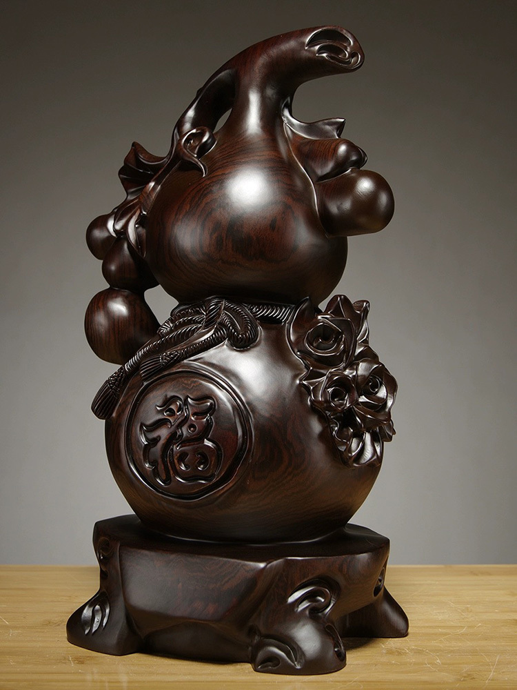 百年许氏 黑檀/花梨木如意福禄葫芦工艺品15cm