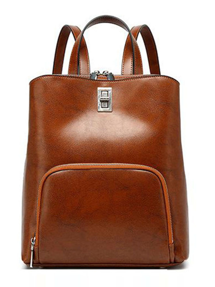 雀说 真皮大容量简约通勤背包复古牛皮双肩包6149-D·棕色