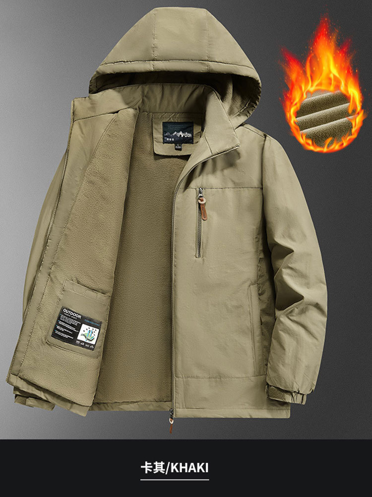 新款加绒加厚可拆卸连帽高密防风防水休闲男士外套·深蓝色