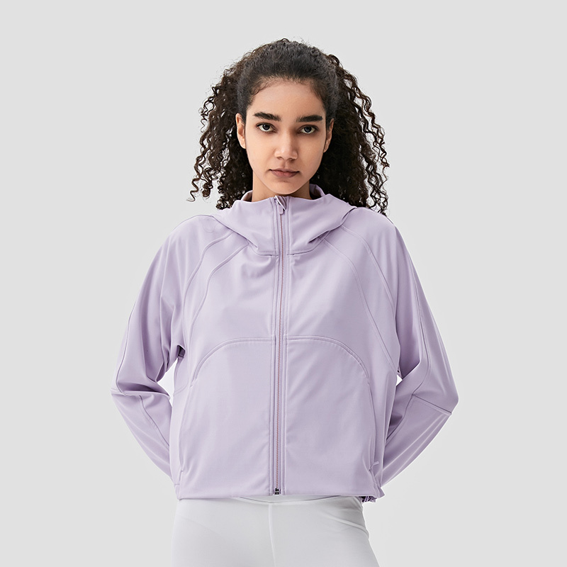 [质数]女连帽弹力舒适短款外套·浅灰紫
