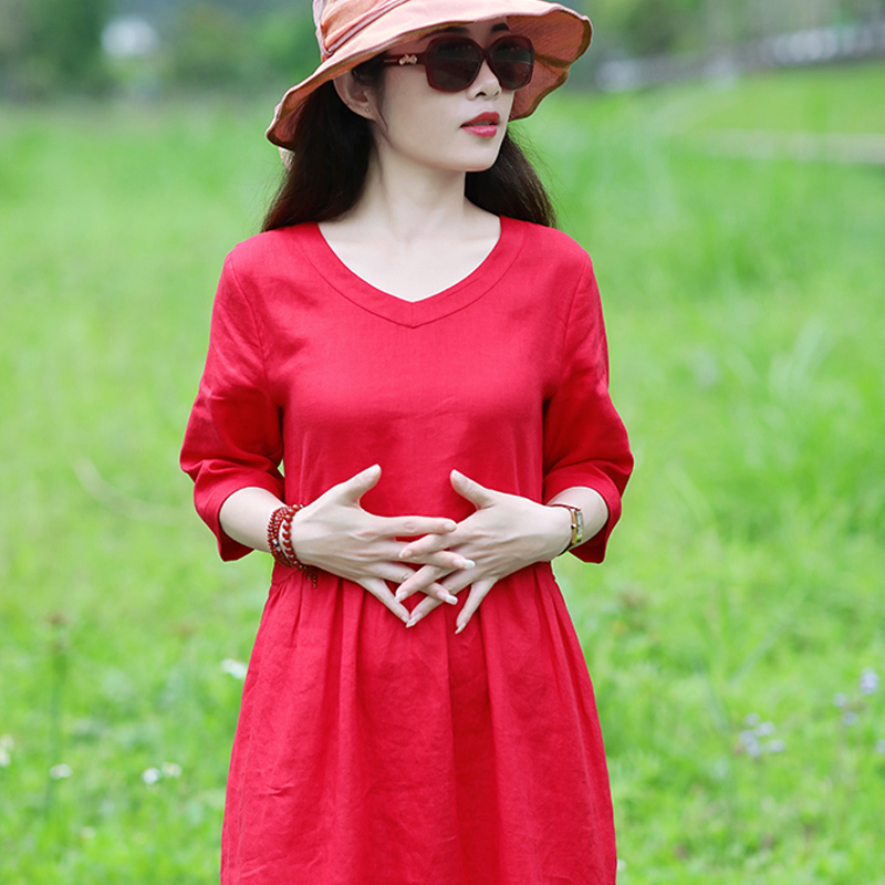 丁摩 新款旅行文艺纯亚麻红色沙滩棉麻连衣裙18-QL35·红色
