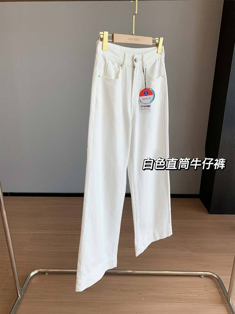 婵阅专柜高货版型巨好！又软又挺100%棉白色显瘦直筒阔腿牛仔裤·195791-白色