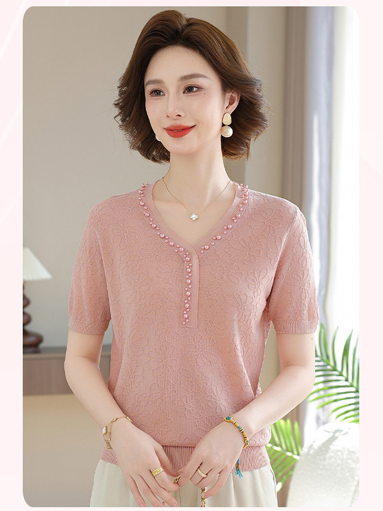 欧奈丝 女士V领钉珠大码短袖冰麻衫6158927·灰蓝色
