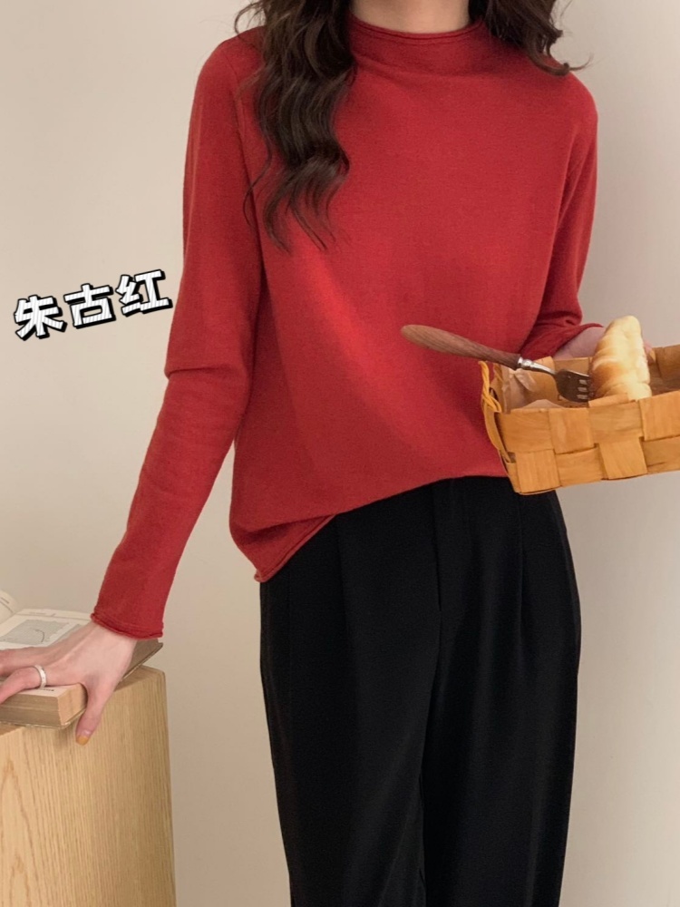 锦超细美丽诺羊毛精纺卷边半高领羊毛衫22175S·朱古红