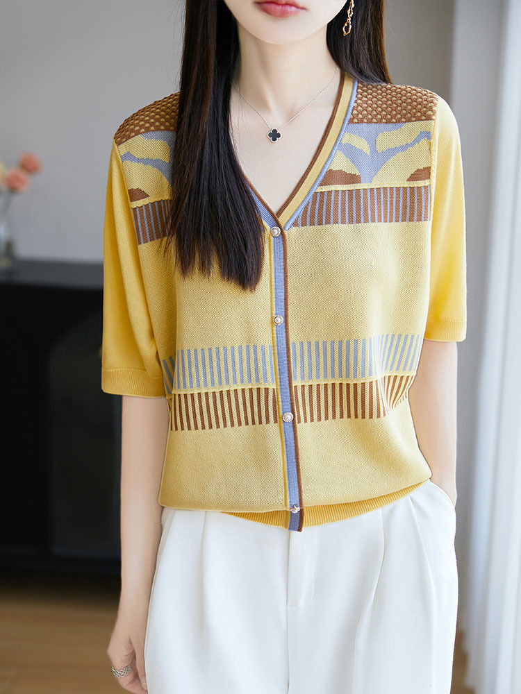【100莱赛尔天丝】撞色条纹V领开扣气质减龄百搭上衣·黄色