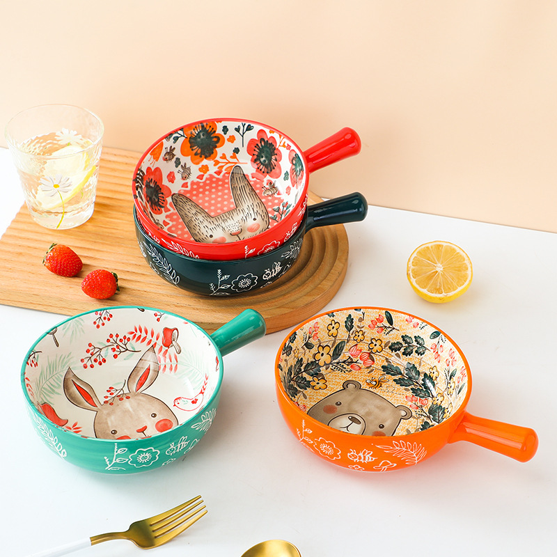 创意网红动物卡通手柄可爱陶瓷沙拉碗餐具·长耳兔