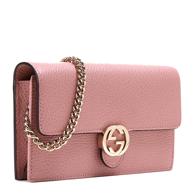 gucci outlets 古驰奥莱 女士荔枝纹牛皮双g扣链条单肩斜挎包·粉色