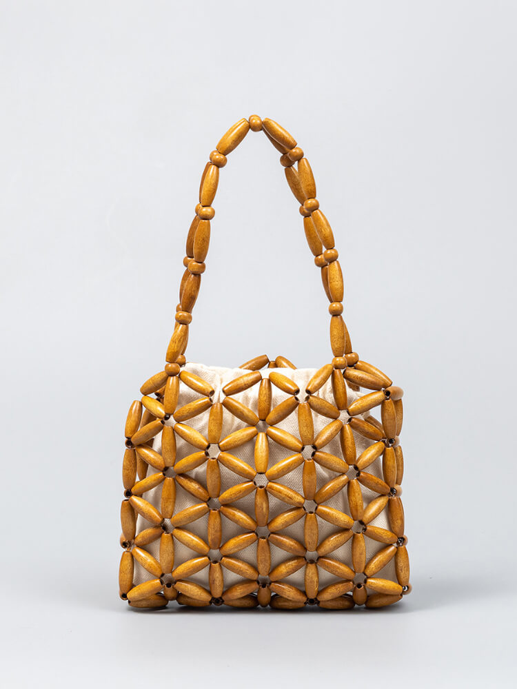 设计感手工镂空木珠串珠小手提包BB-23002YX·奶白