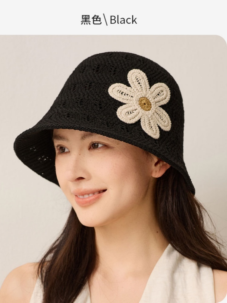 玖策花朵镂空编织渔夫帽M6155·米色