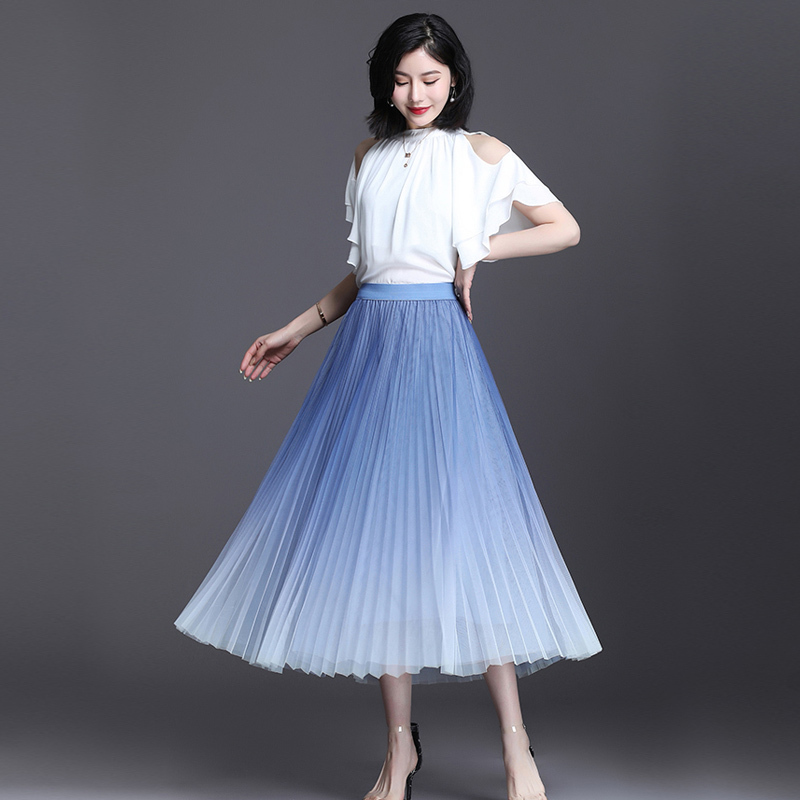 丁摩仙气十足百褶裙渐变色迪奥纱裙半身裙q03蓝色