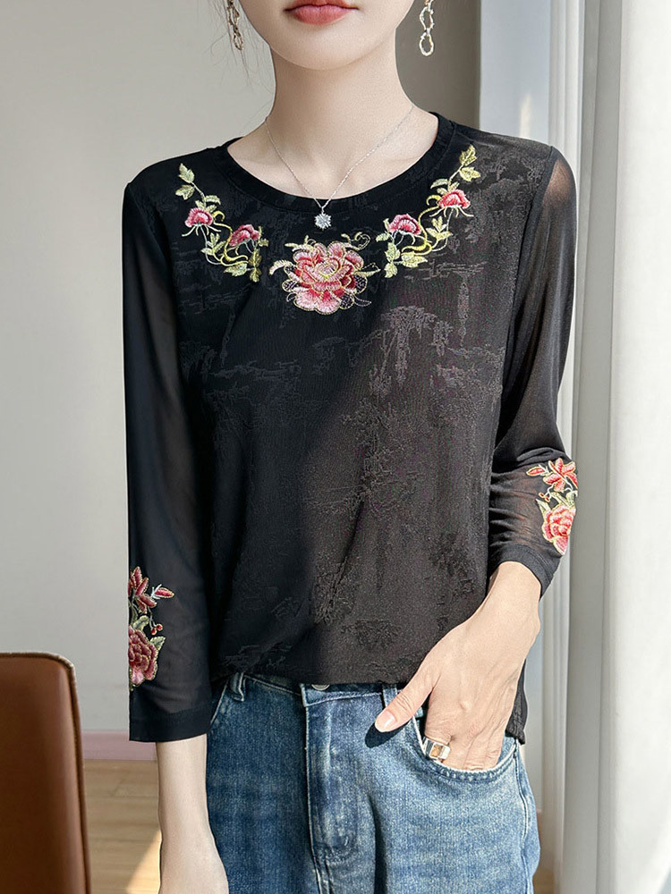 古韵国风重工绣花透气高雅上衣·款式1-经典黑