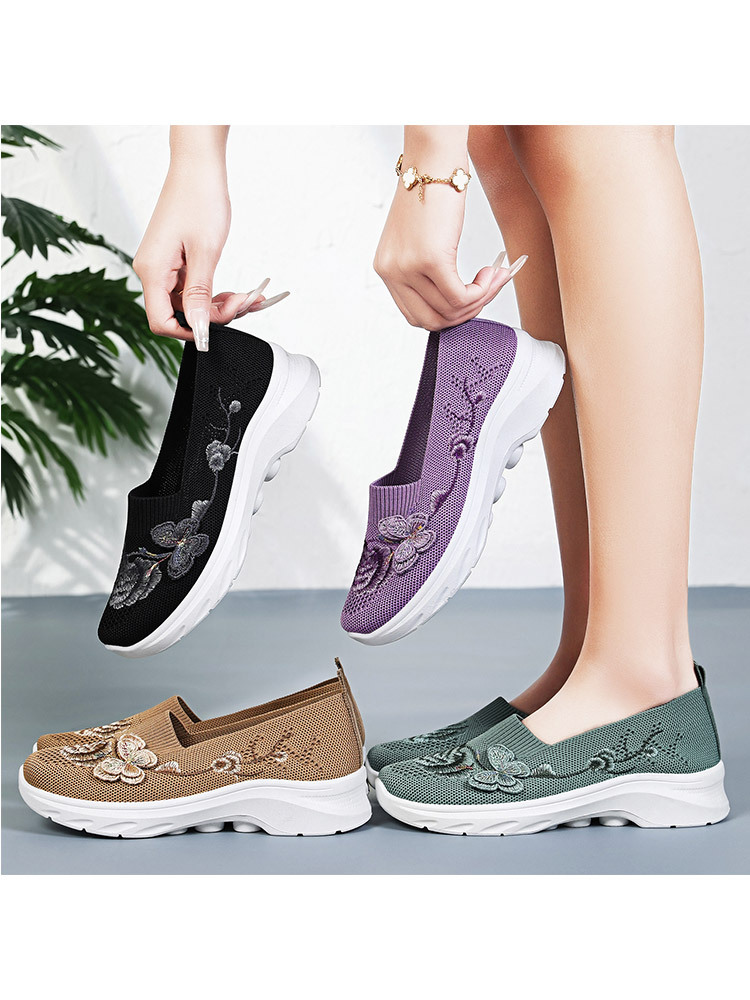 新款超立体彩金刺绣软弹舒适轻便透气健步鞋·黑色（PE拉链袋装）