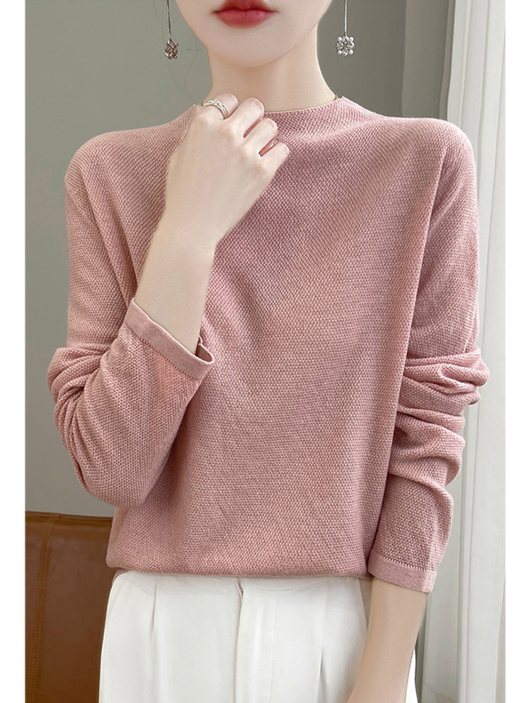 精纺羊毛半高领简约百搭纯色针织上衣·米色