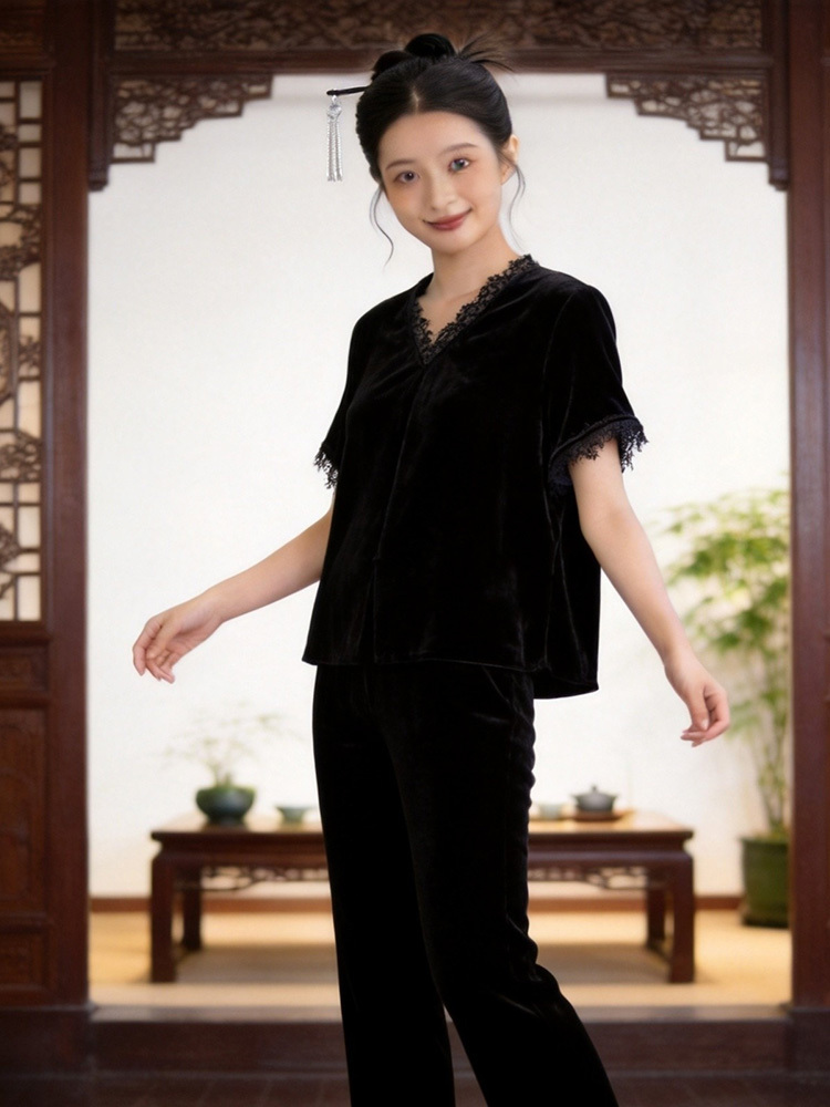 锦真丝绒V领半袖上衣J20260346·黑色
