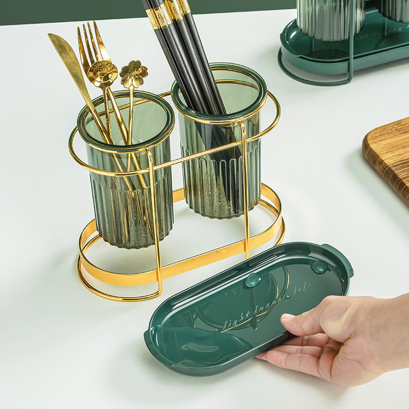 轻奢筷子筒厨房日用收纳架餐具杂物家用塑料整理架沥水筷子笼·绿色透明款