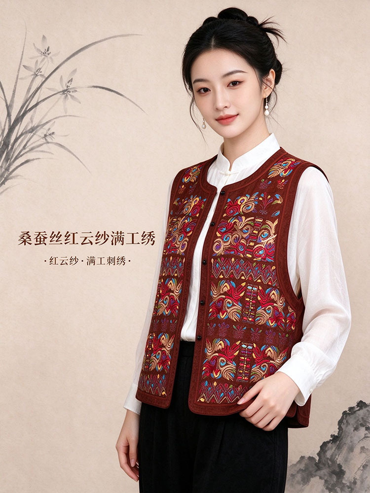 锦纯桑蚕丝红云纱满工绣马甲JXXF20260346·檀红色
