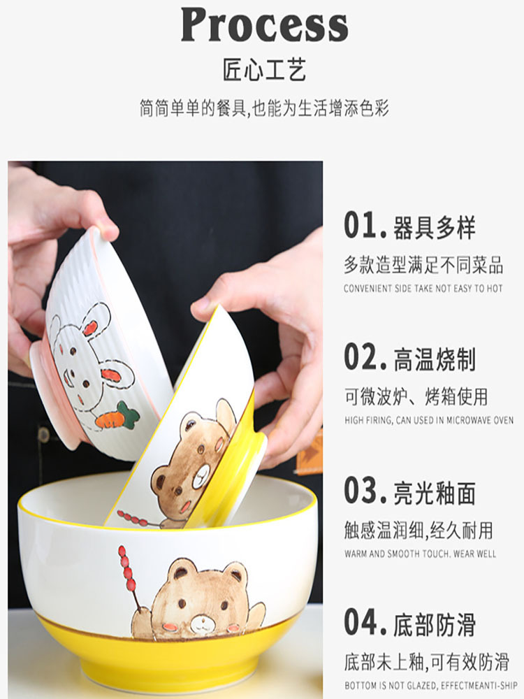 （6只装）家用个性清新卡通4.5寸汤碗米饭碗·小熊-螺纹碗