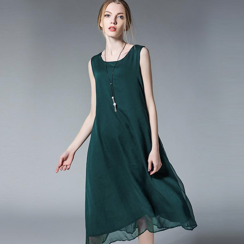 雀说 大码新款背心裙胖mm显瘦无袖雪纺连衣裙女6372·墨绿色