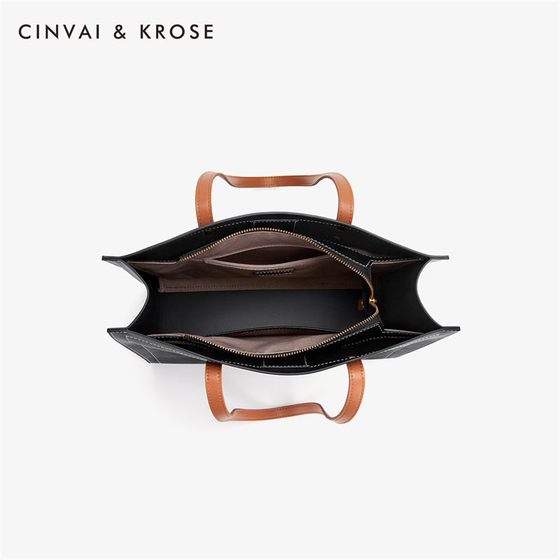CinvaiKrose 牛皮包包托特包包包潮大容量女包单肩包B6190·意式黑