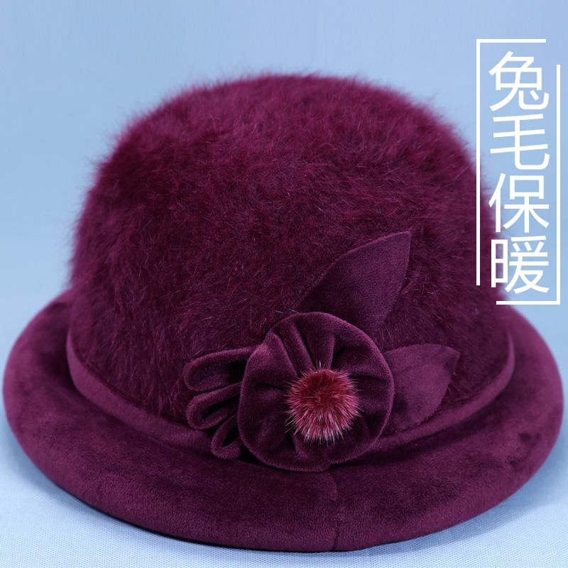 兔毛保暖 加绒中年盆帽·紫色蝶梦