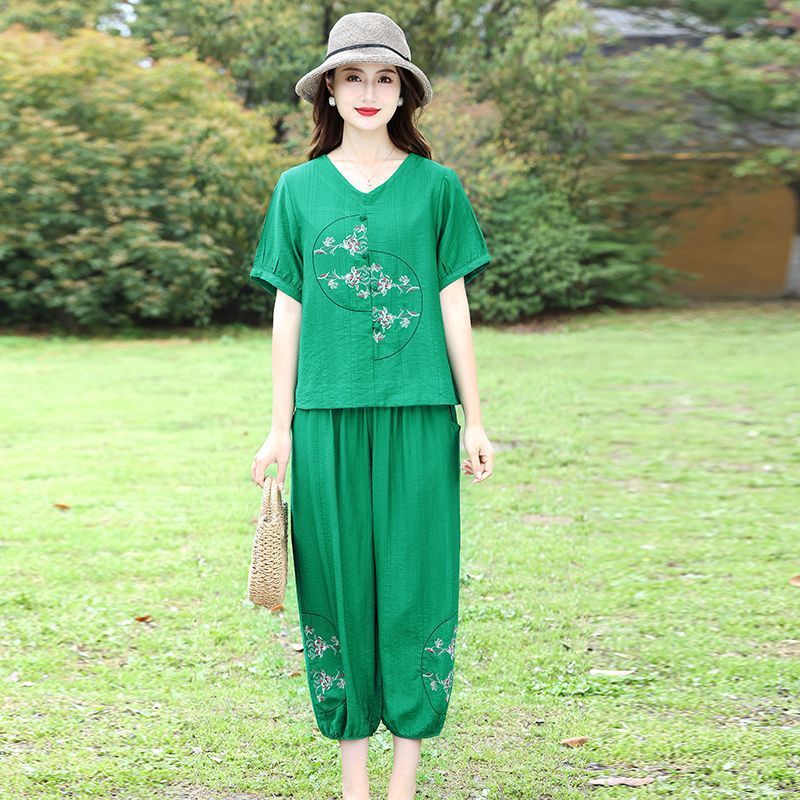 【2件套】刺绣冰丝宽松显瘦免搭套装·绿色【上衣+裤子】