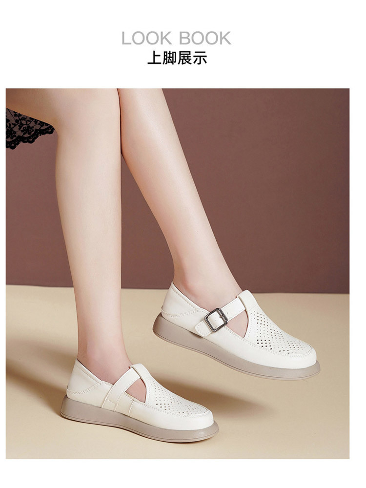 真皮镂空透气加宽圆头软底防滑时尚乐福鞋·米黑
