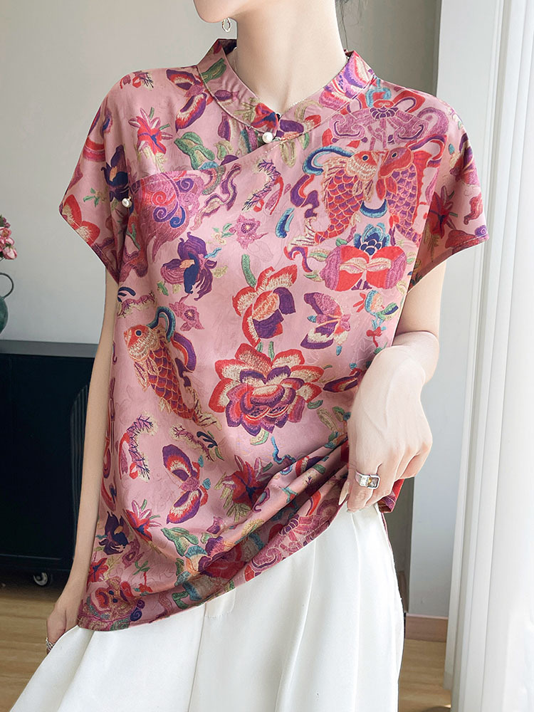 新款优雅醋酸缎面国风钉珠斜襟立领上衣·紫霞