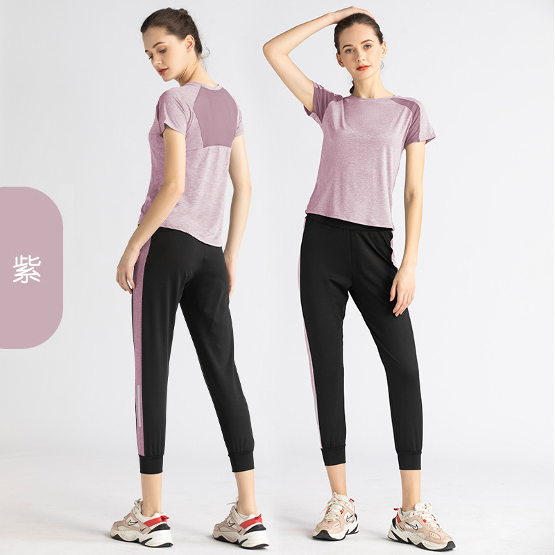 (上衣+裤子)夏日透气网纱撞色速干运动跑步瑜伽短袖束脚裤套装·紫色
