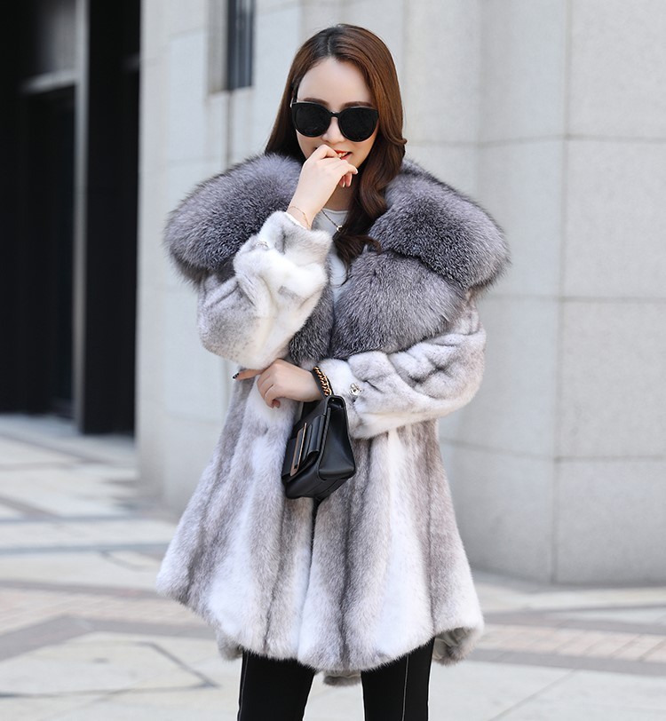 米彩微姿进口十字貂超大银狐毛领中长款皮草外套银本色