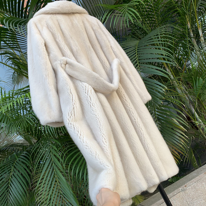 安柘娜新款天鹅绒水貂皮草女整貂皮外套中长款kd81026·珍珠色