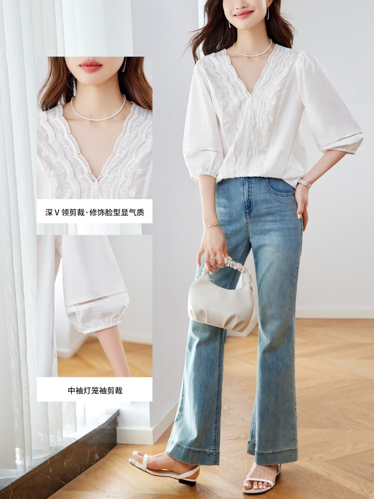 【100棉】可风各蕾丝花边镂空五分袖衬衫64108·白色