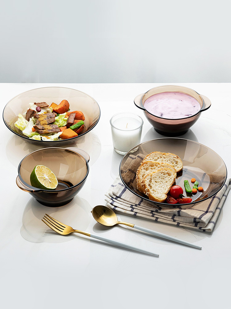 法国多莱斯进口食品级钢化玻璃餐具咖啡色双人四件双耳碗西餐盘