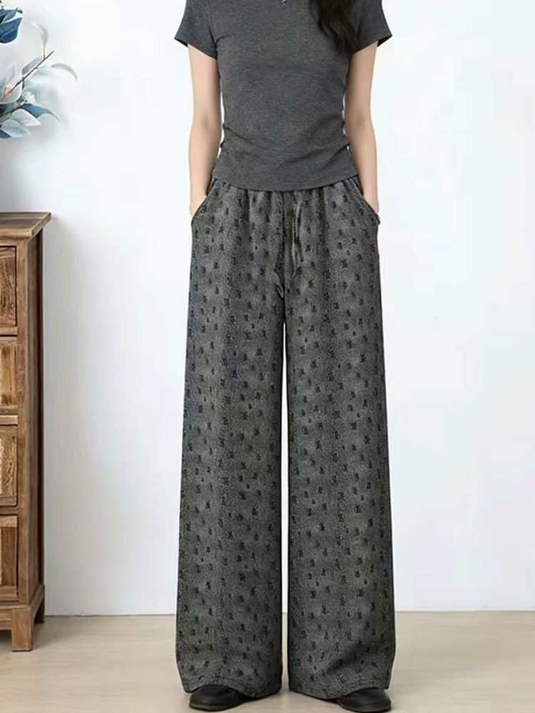 百搭花型松紧腰系带直筒阔腿裤2618#·牛仔灰