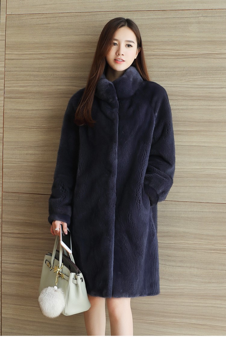 米彩微姿进口貂皮大衣女整貂水貂紫标天鹅绒皮草中长款裘皮大衣珍珠