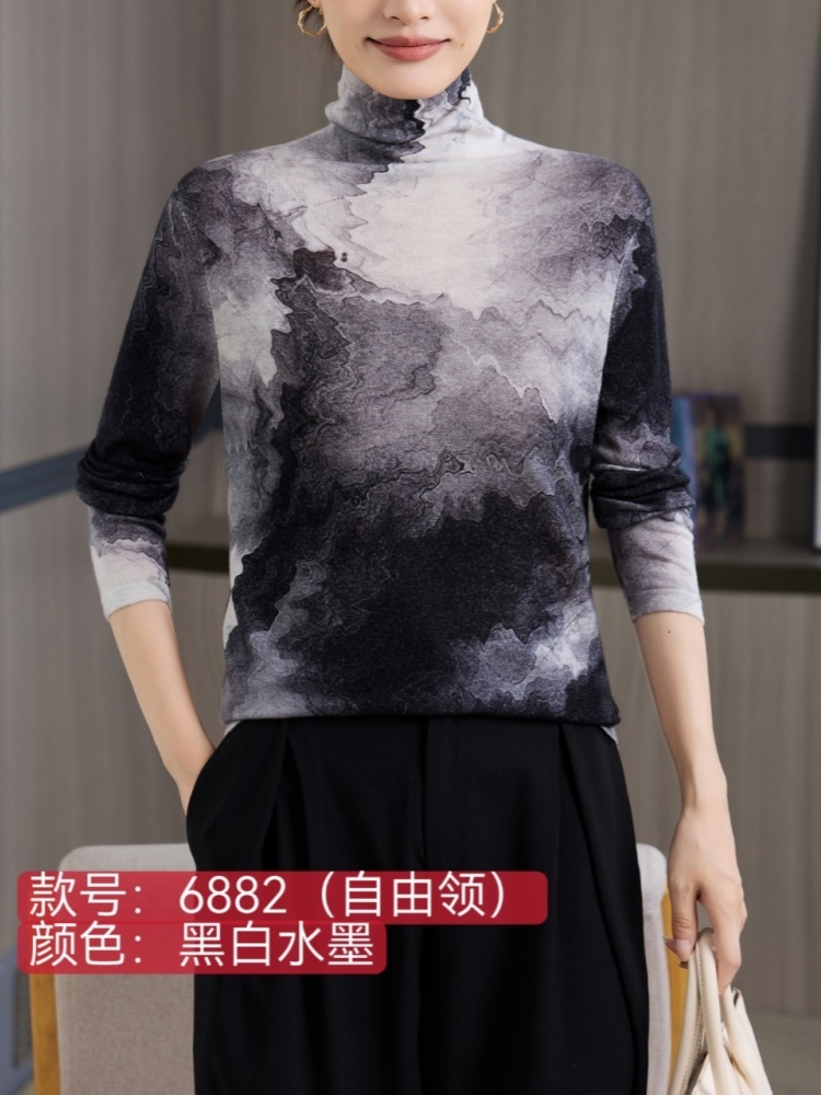 【中国水墨画系列】推推领羊毛打底衫6882·黑底水墨