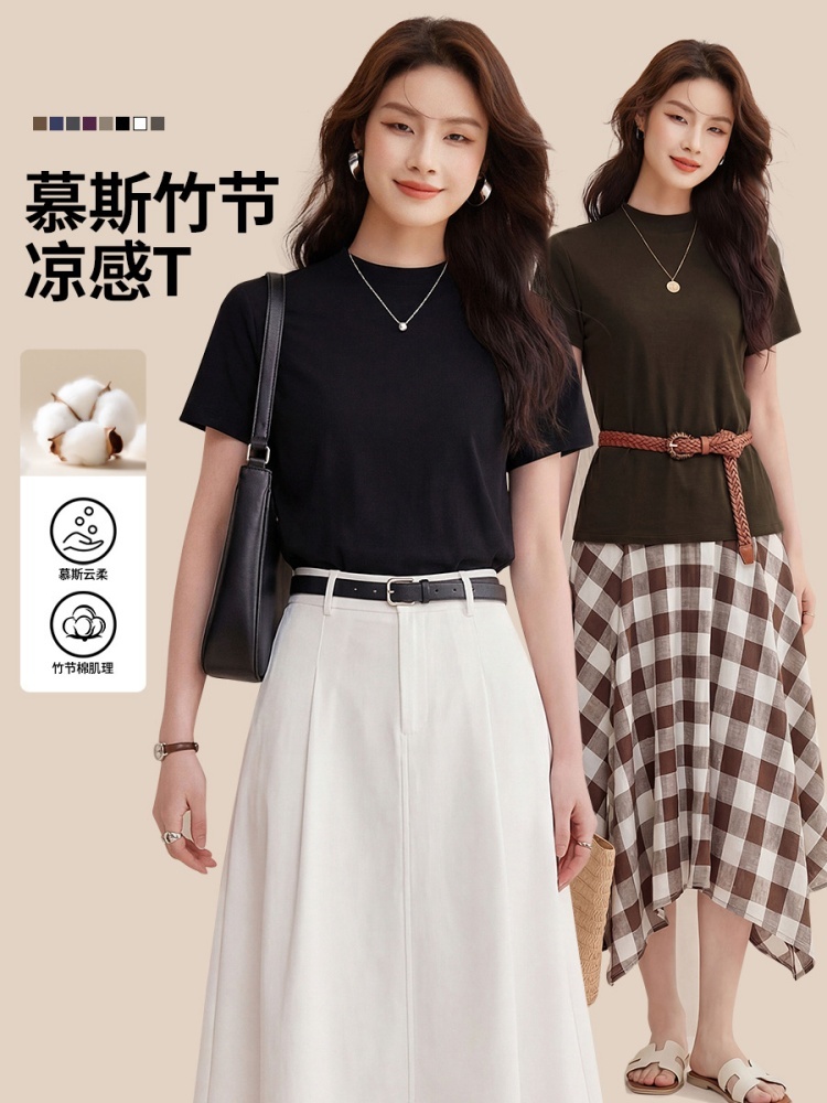 修娴小立领慕斯竹节棉肌理感短袖T恤W57·龙葵紫